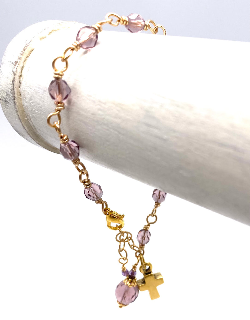 Gold Amethyst Czech Glass Wire Wrapped Catholic Heirloom Rosary Devotional Bracelet