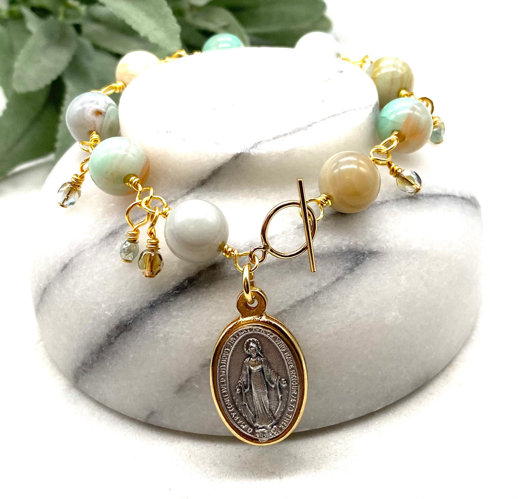 Gold Green Spring Agate Big Bead Catholic Heirloom Miraculous Medal Devotional Bracelet
