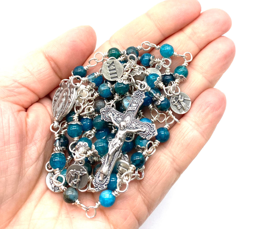 Silver Apatite Gemstone Wire Wrapped Catholic Heirloom STATIONS OF THE CROSS CHAPLET