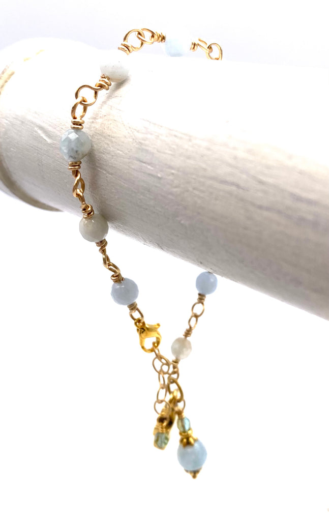 Gold Natural Aquamarine Gemstone Wire Wrapped Catholic Heirloom Rosary Devotional Bracelet
