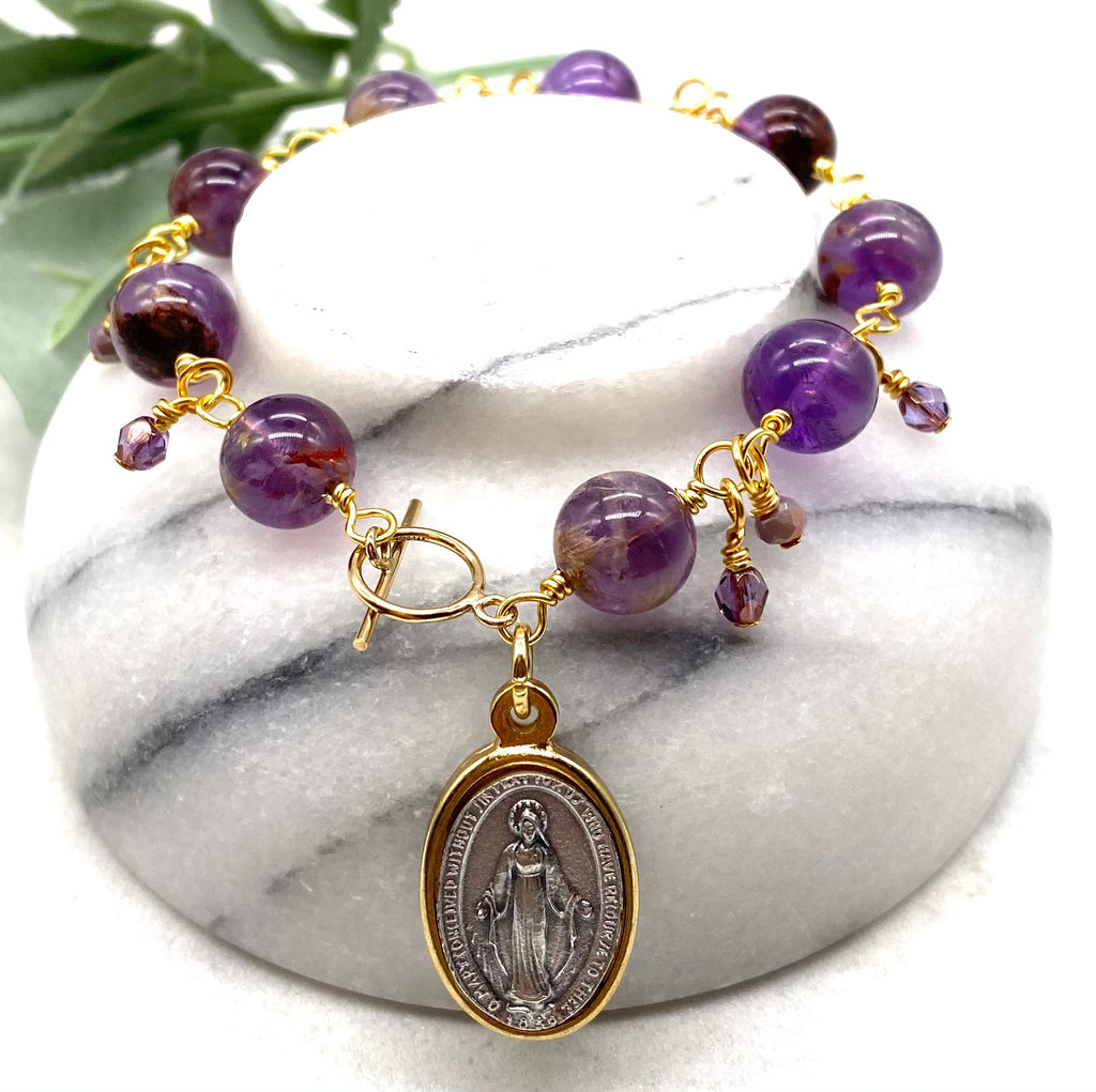 Gold Natural Purple Quartz Big Bead Catholic Heirloom Miraculous Medal Devotional Bracelet