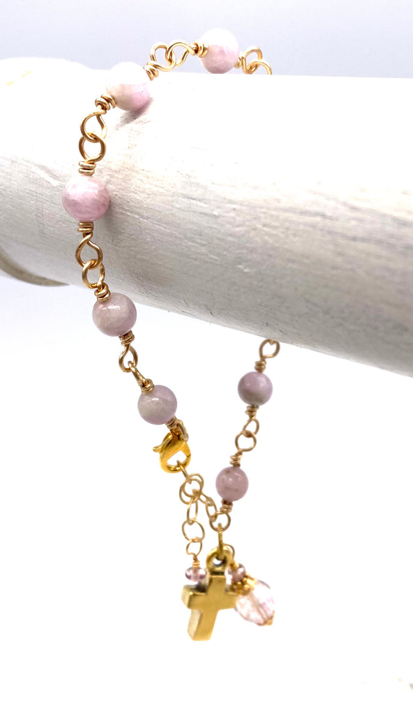 Gold Natural Kunzite Gemstone Wire Wrapped Catholic Heirloom Rosary Devotional Bracelet