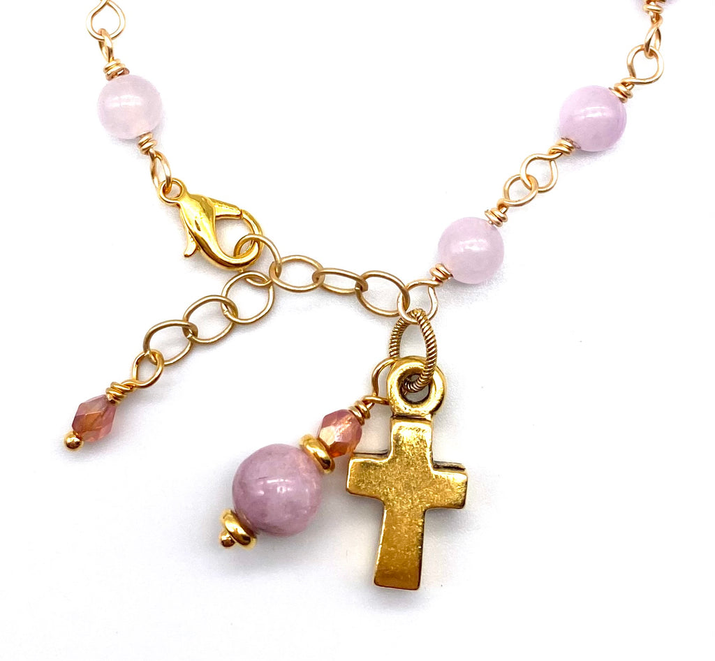 Gold Pale Purple Jade Wire Wrapped Catholic Heirloom Rosary Devotional Bracelet