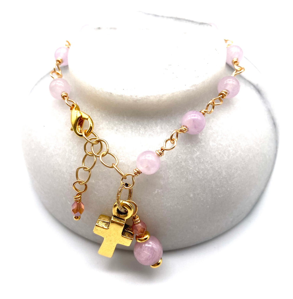 Gold Pale Purple Jade Wire Wrapped Catholic Heirloom Rosary Devotional Bracelet