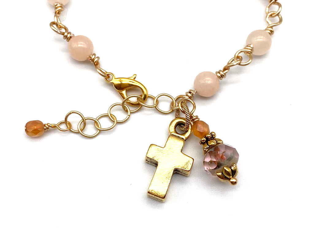 Gold Peachy Chalcedony Gemstone Wire Wrapped Catholic Heirloom Rosary Devotional Bracelet