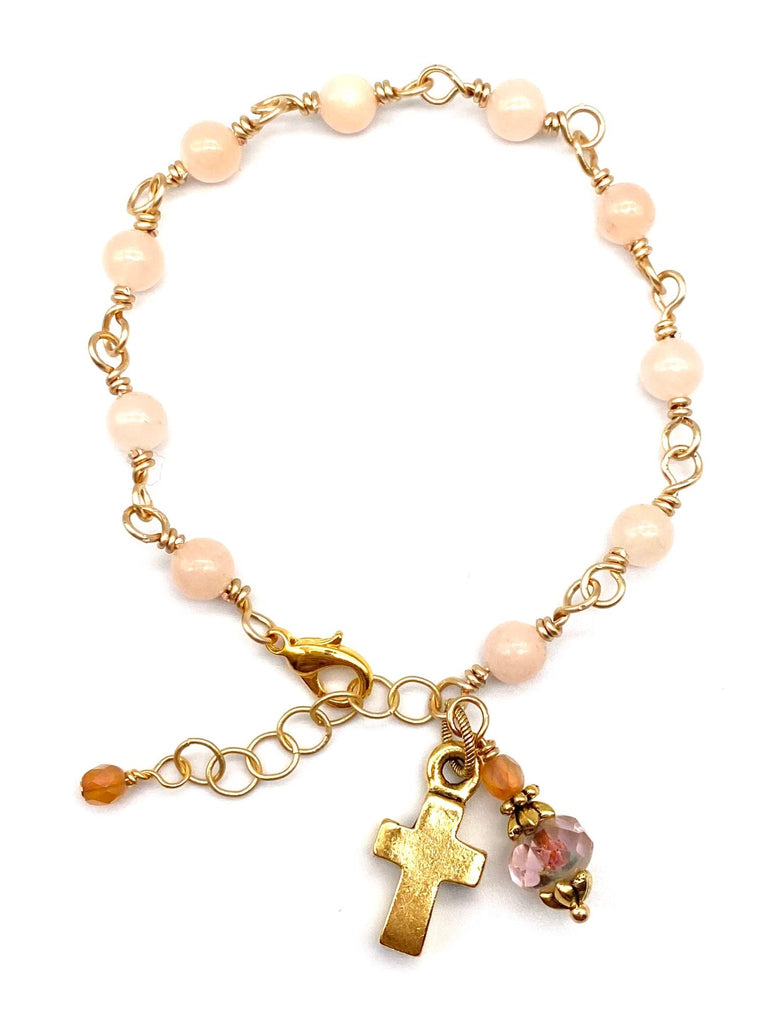 Gold Peachy Chalcedony Gemstone Wire Wrapped Catholic Heirloom Rosary Devotional Bracelet