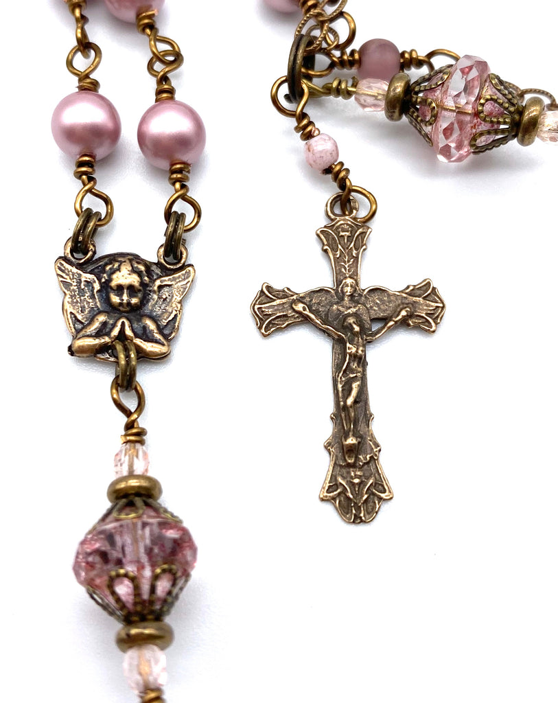 handcrafted vintage inspired powder rose swarovski pearl wire wrapped catholic heirloom rosary devotional bracelet