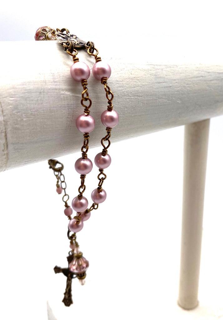 handcrafted vintage inspired powder rose swarovski pearl wire wrapped catholic heirloom rosary devotional bracelet