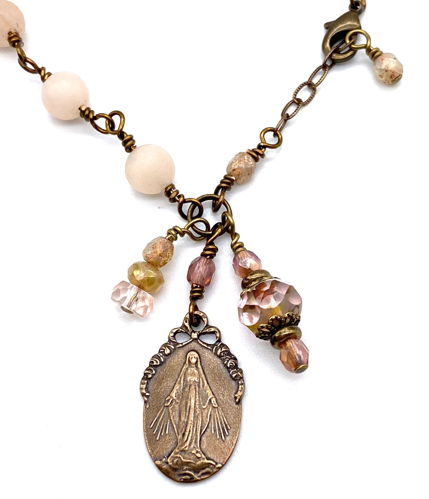 handcrafted vintage inspired rose aventurine matte gemstone wire wrapped catholic heirloom miraculous medal devotional bracelet