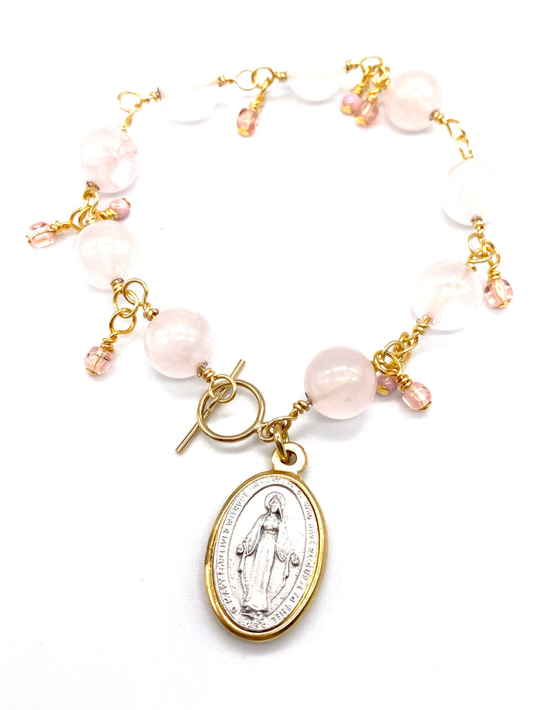 Gold Rose Quartz Big Bead Catholic Heirloom Miraculous Medal Devotional Bracelet