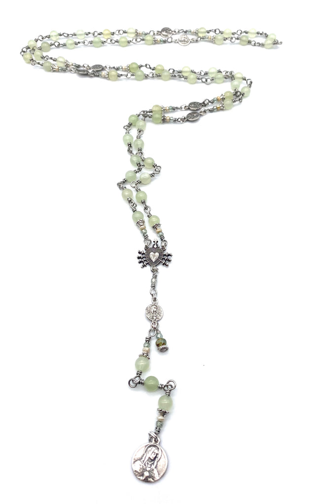Sterling Silver Honeydew Jade Gemstone Wire Wrapped Catholic Heirloom Rosary of the Seven Sorrows Medium