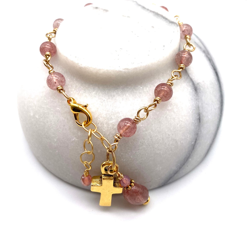 Gold Strawberry Quartz Gemstone Wire Wrapped Catholic Heirloom Rosary Devotional Bracelet