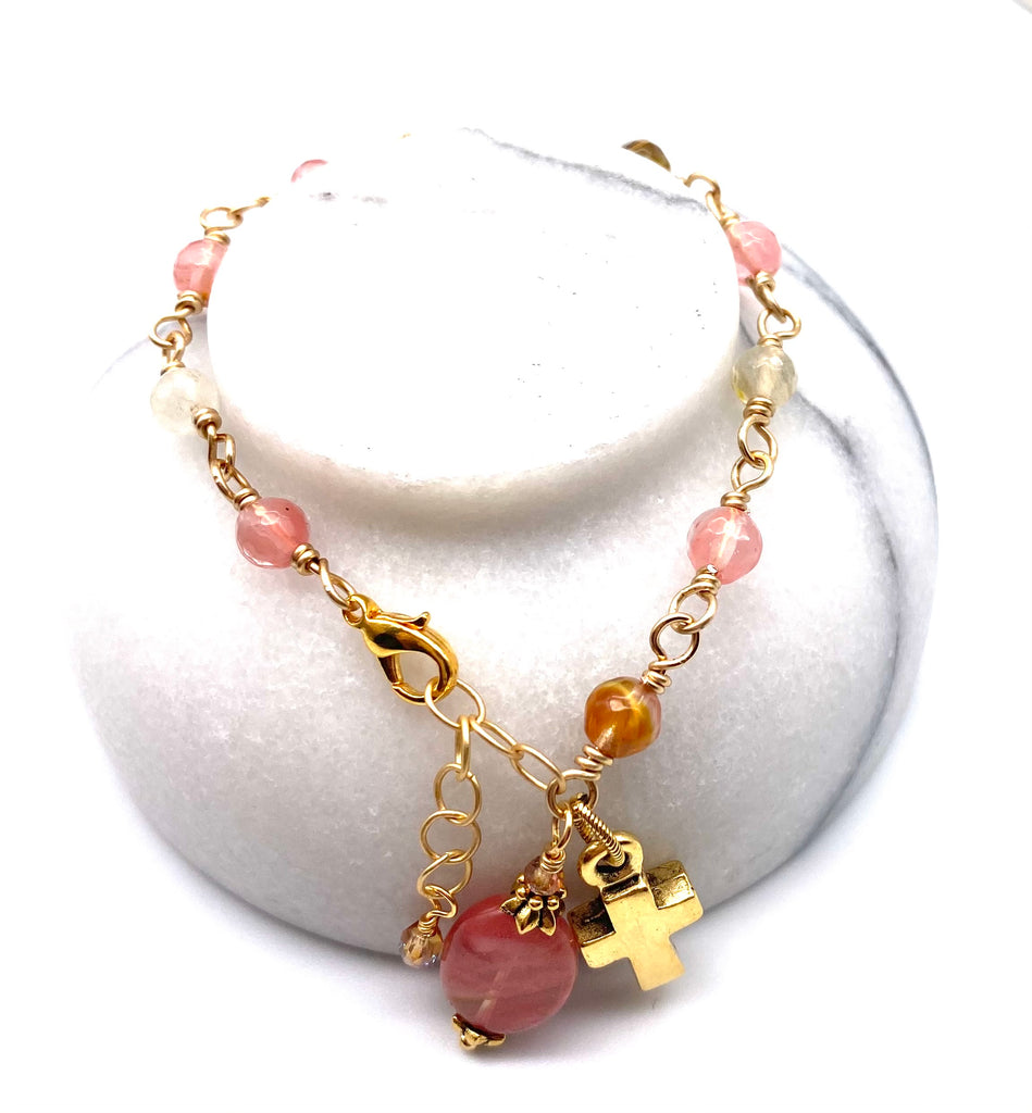 Gold Watermelon Quartz Gemstone Wire Wrapped Catholic Heirloom Rosary Devotional Bracelet