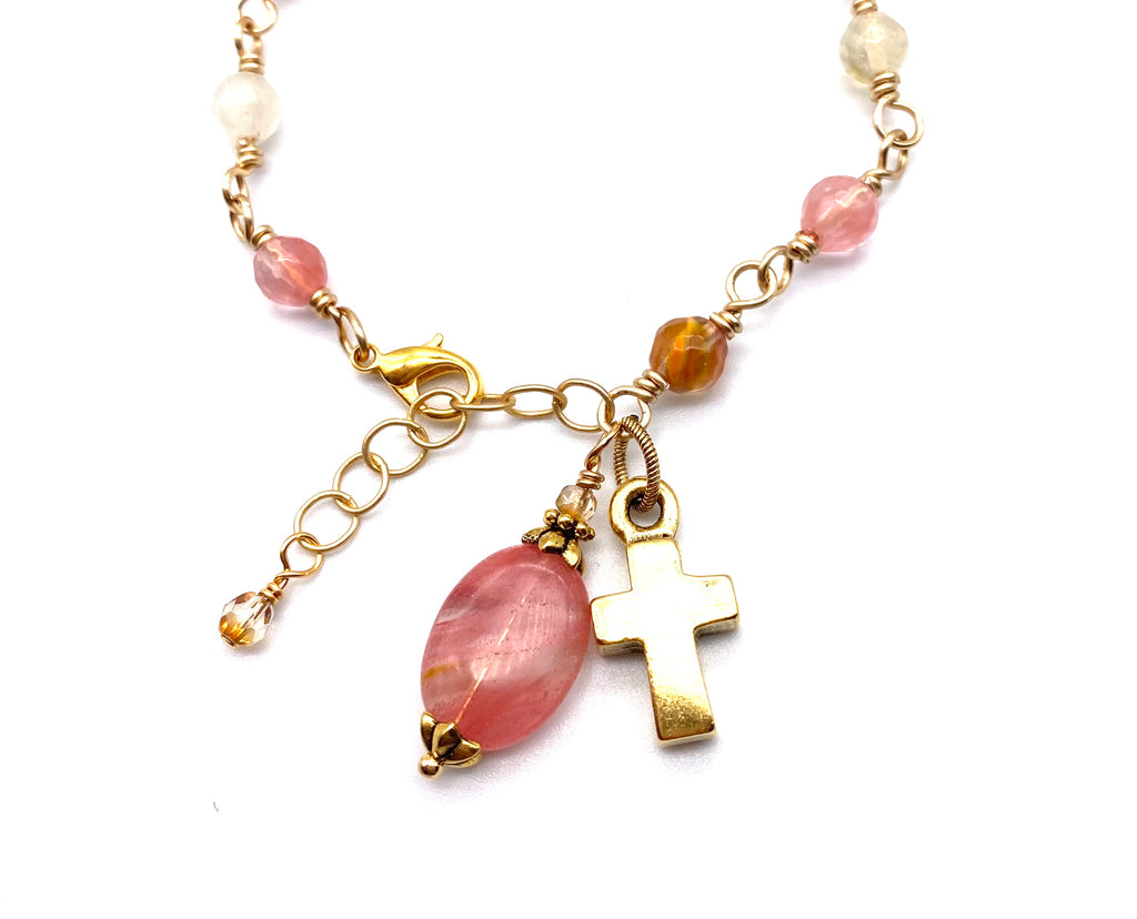 Gold Watermelon Quartz Gemstone Wire Wrapped Catholic Heirloom Rosary Devotional Bracelet