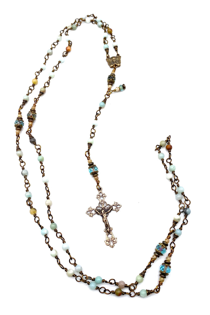 Amazonite Gemstone Wire Wrapped Catholic Heirloom Rosary Petite