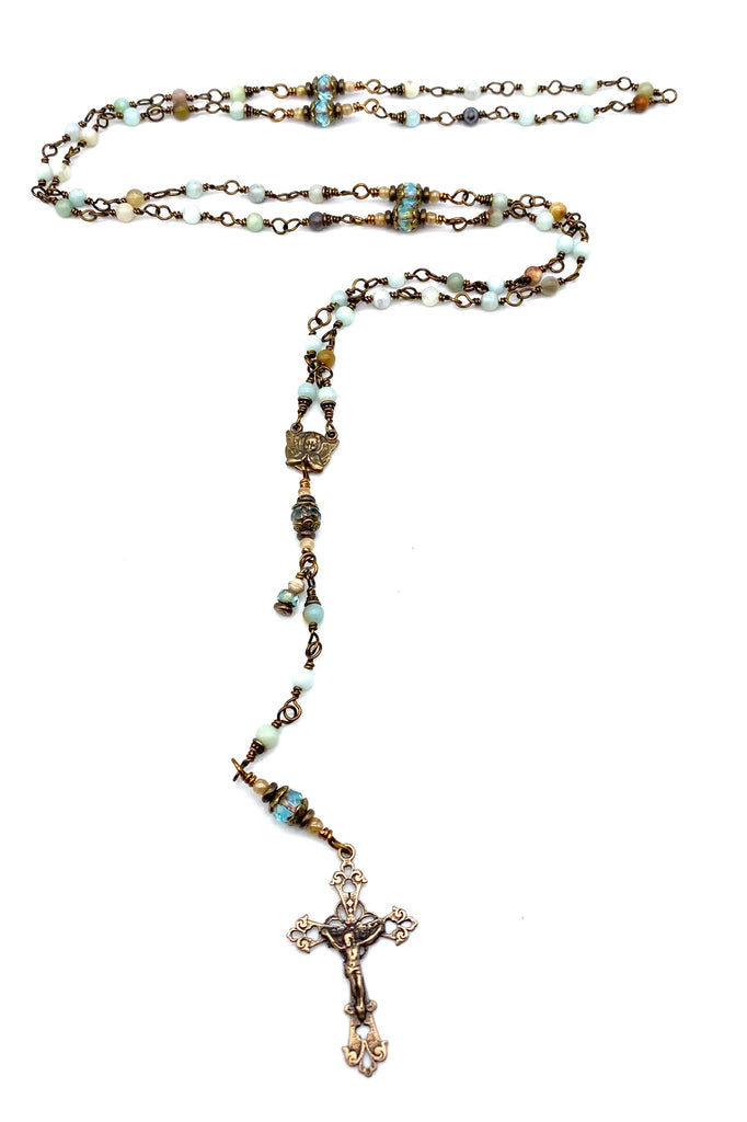 Amazonite Gemstone Wire Wrapped Catholic Heirloom Rosary Petite