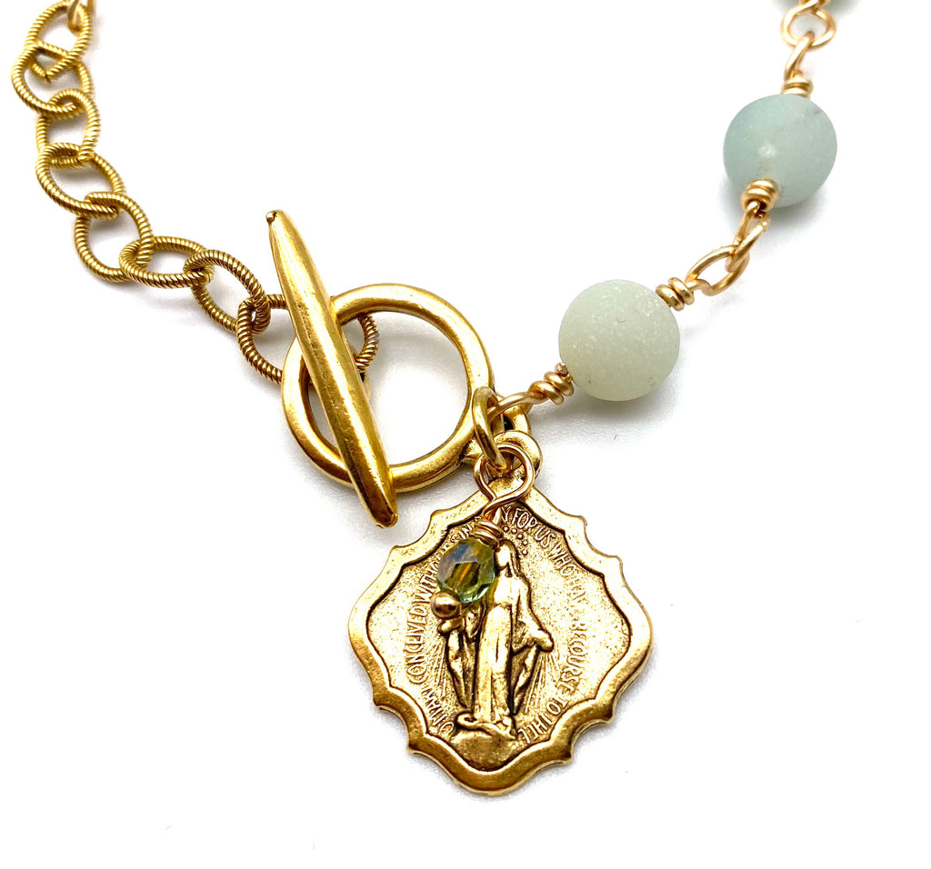 Gold Amazonite Matte Gemstone Wire Wrapped Catholic Heirloom Miraculous Medal Devotional Bracelet