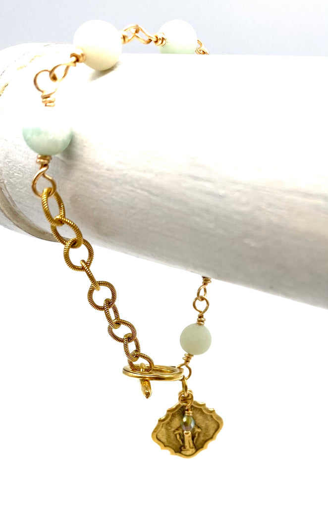 Gold Amazonite Matte Gemstone Wire Wrapped Catholic Heirloom Miraculous Medal Devotional Bracelet