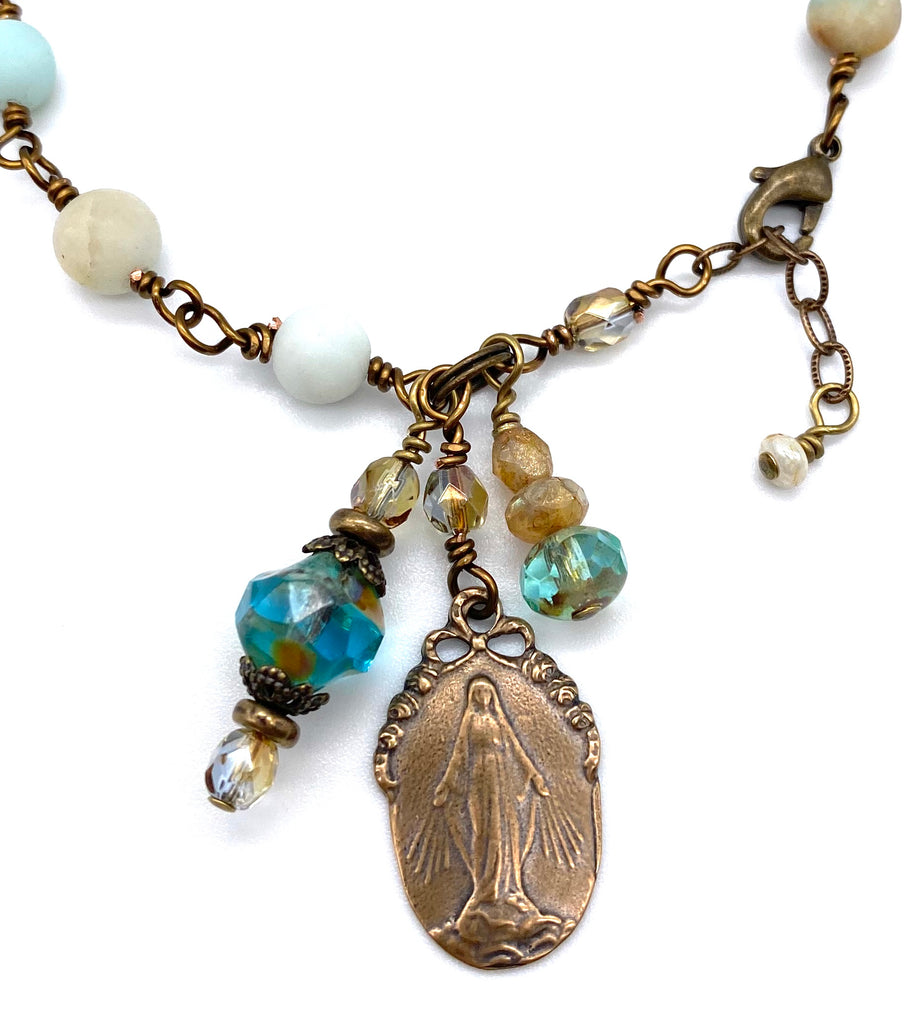 Amazonite Matte Gemstone Catholic Heirloom Miraculous Medal Devotional Bracelet