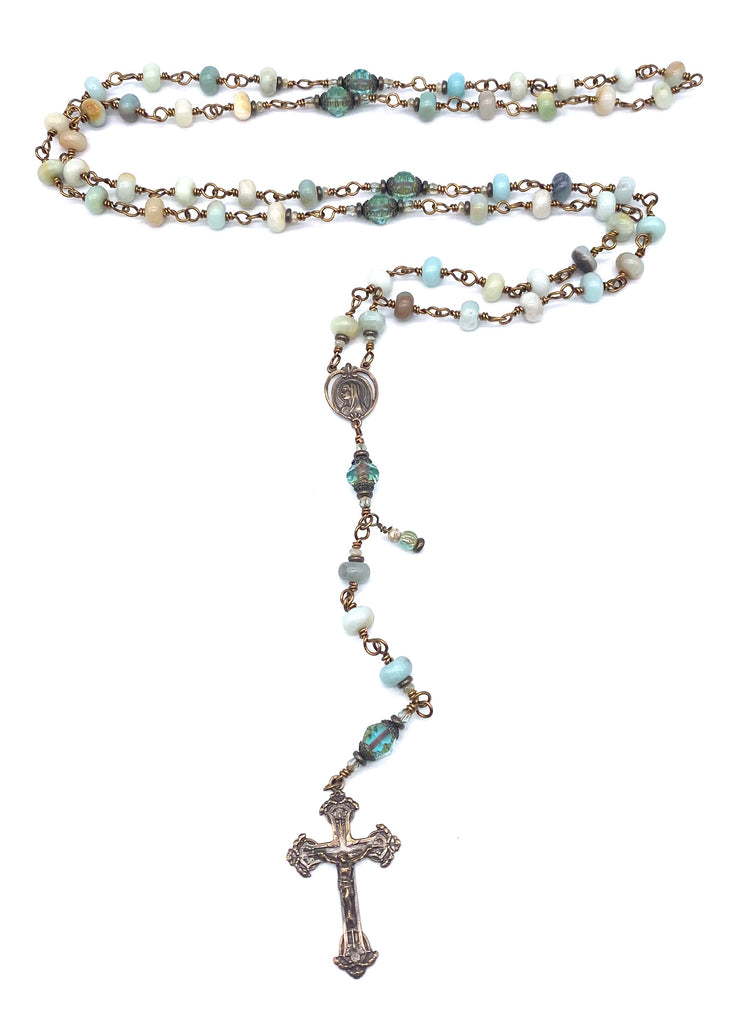 Amazonite Rondelle Gemstone Wire Wrapped Catholic Heirloom Rosary Medium