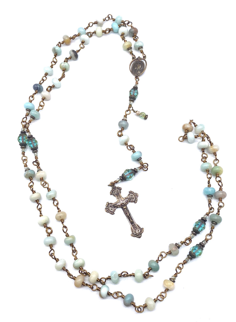 Amazonite Rondelle Gemstone Wire Wrapped Catholic Heirloom Rosary Medium