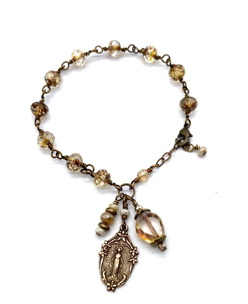 handcrafted vintage inspired amber crystal czech glass bead wire wrapped catholic heirloom miraculous medal devotional bracelet