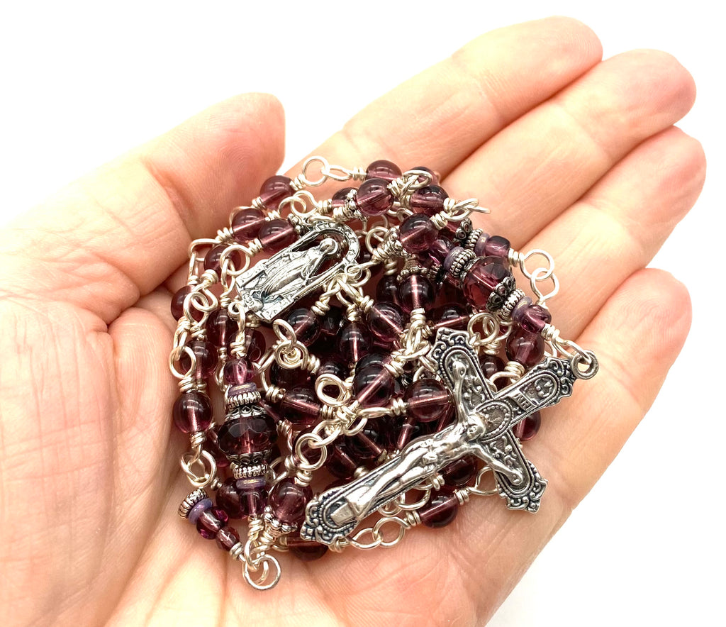 Silver Amethyst Czech Glass Wire Wrapped Catholic Heirloom Rosary Medium