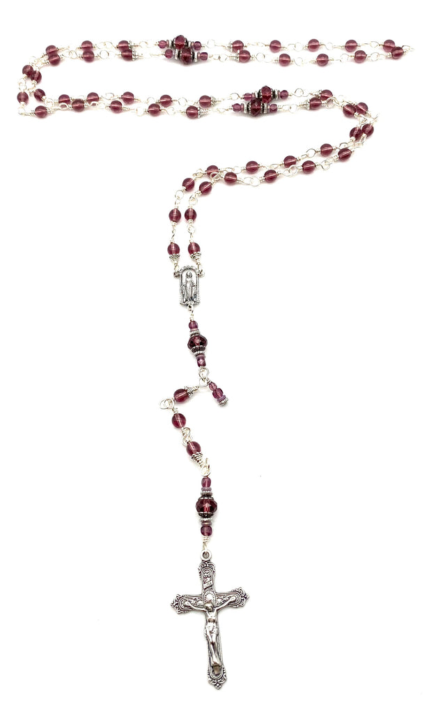 Silver Amethyst Czech Glass Wire Wrapped Catholic Heirloom Rosary Medium