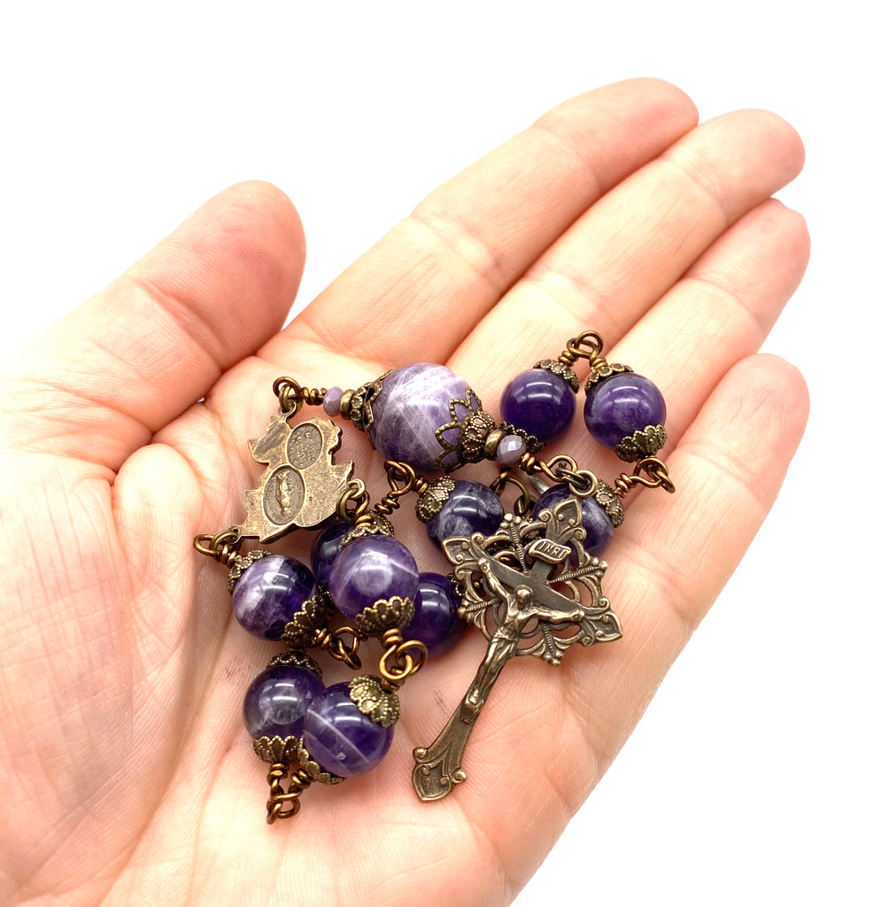 handcrafted vintage inspired amethyst dog tooth gemstone wire wrapped big bead catholic heirloom travel rosary