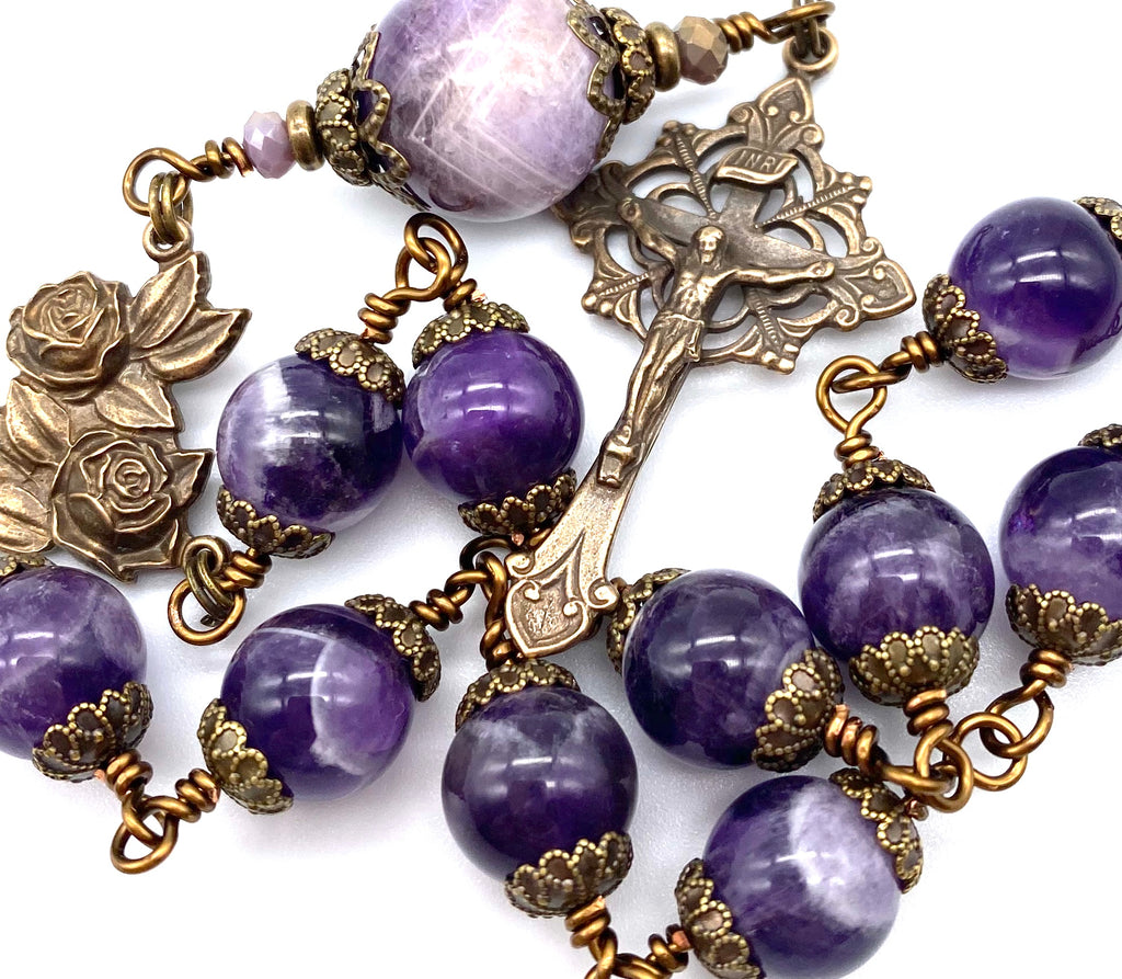 handcrafted vintage inspired amethyst dog tooth gemstone wire wrapped big bead catholic heirloom travel rosary