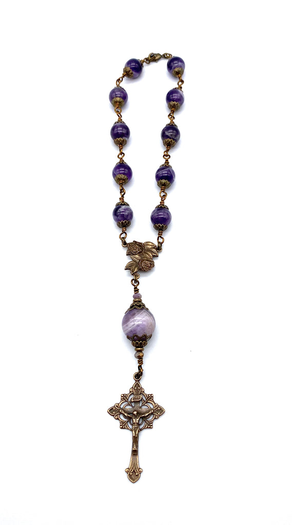 handcrafted vintage inspired amethyst dog tooth gemstone wire wrapped big bead catholic heirloom travel rosary