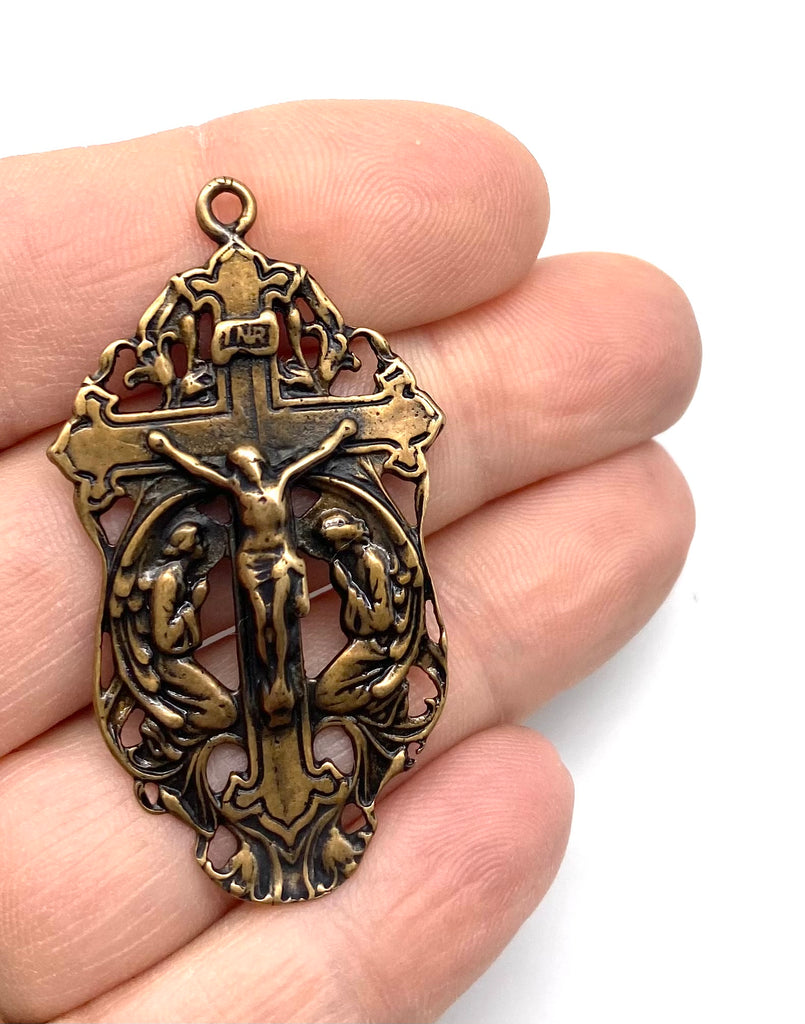 Solid Bronze ANGEL ADORATION Rosary Crucifix, Catholic Pendant, Antique/Vintage Reproduction #PG4113