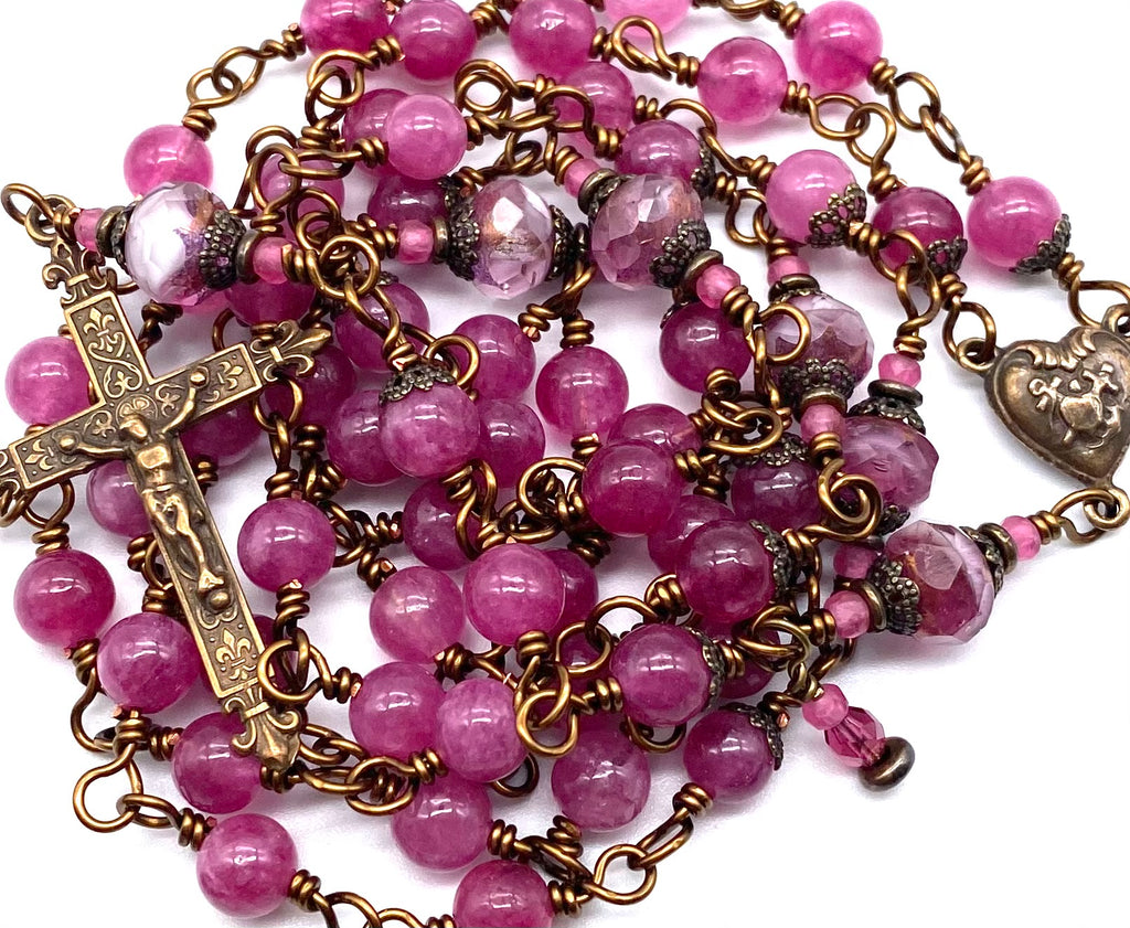 Berry Pink Chalcedony Gemstone Wire Wrapped Catholic Heirloom Rosary Medium