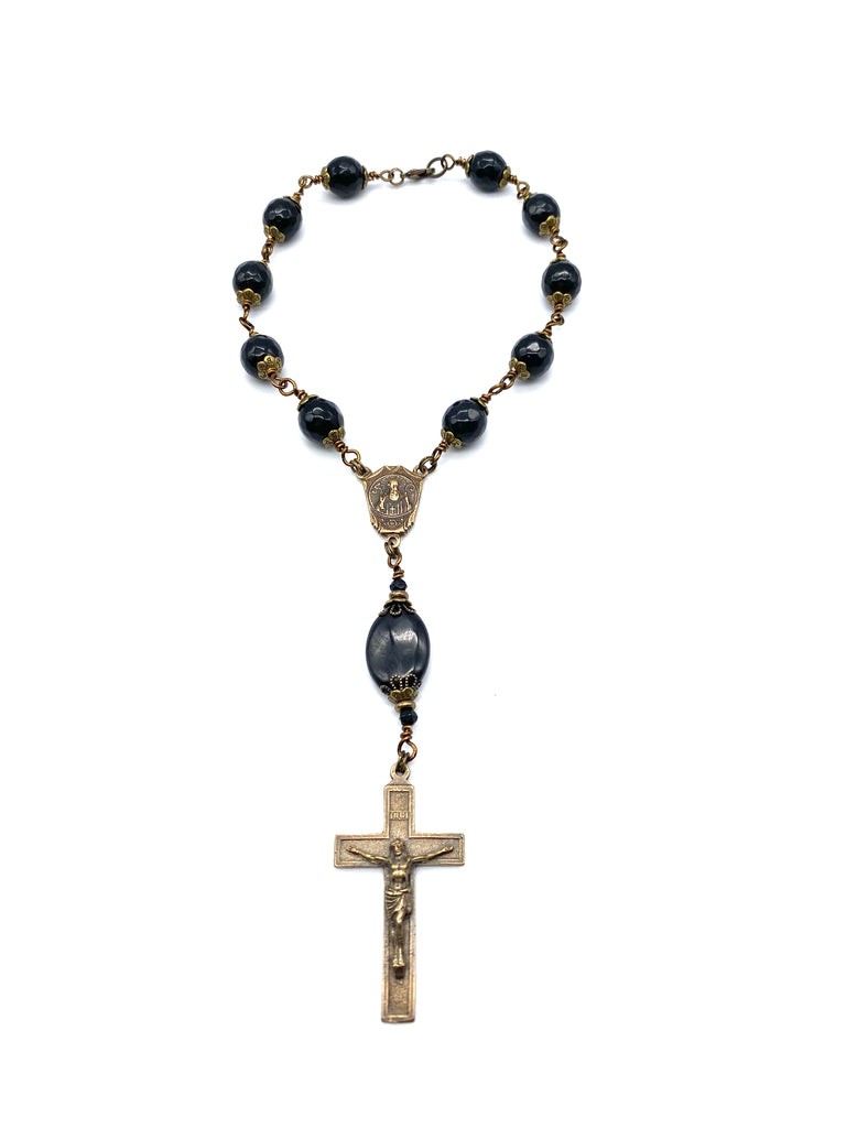 handcrafted vintage inspired black onyx gemstone wire wrapped big bead catholic heirloom travel rosary