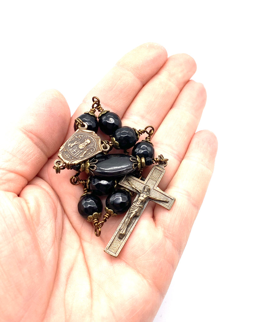 handcrafted vintage inspired black onyx gemstone wire wrapped big bead catholic heirloom travel rosary