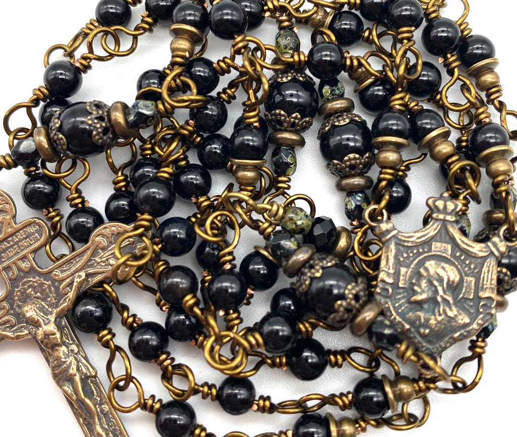 Black Onyx Gemstone Wire Wrapped Catholic Heirloom Rosary Petite