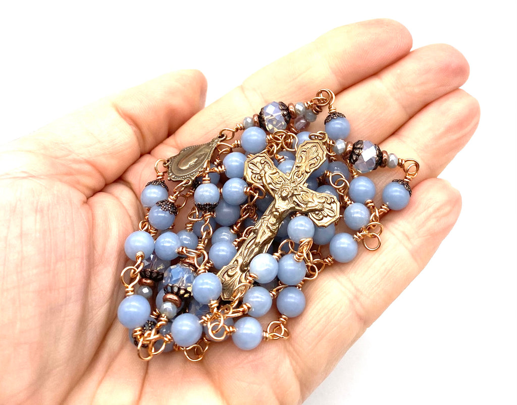 Bright Bronze Blue Angelite Gemstone Wire Wrapped Catholic Heirloom Rosary Medium