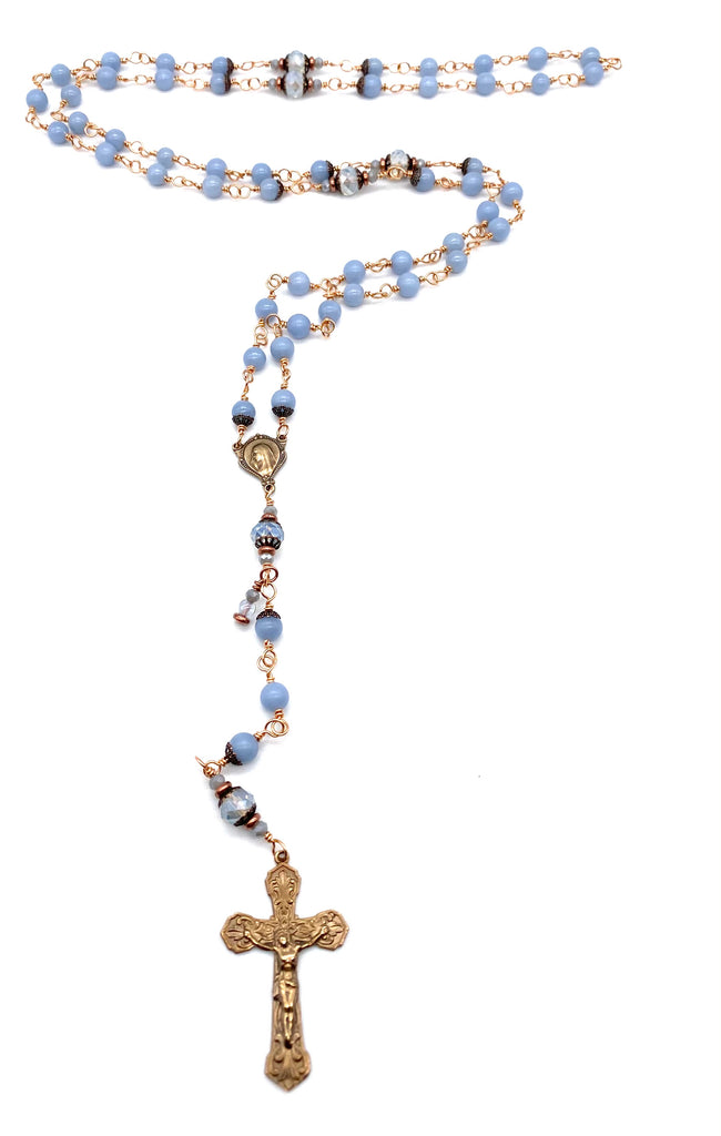 Bright Bronze Blue Angelite Gemstone Wire Wrapped Catholic Heirloom Rosary Medium