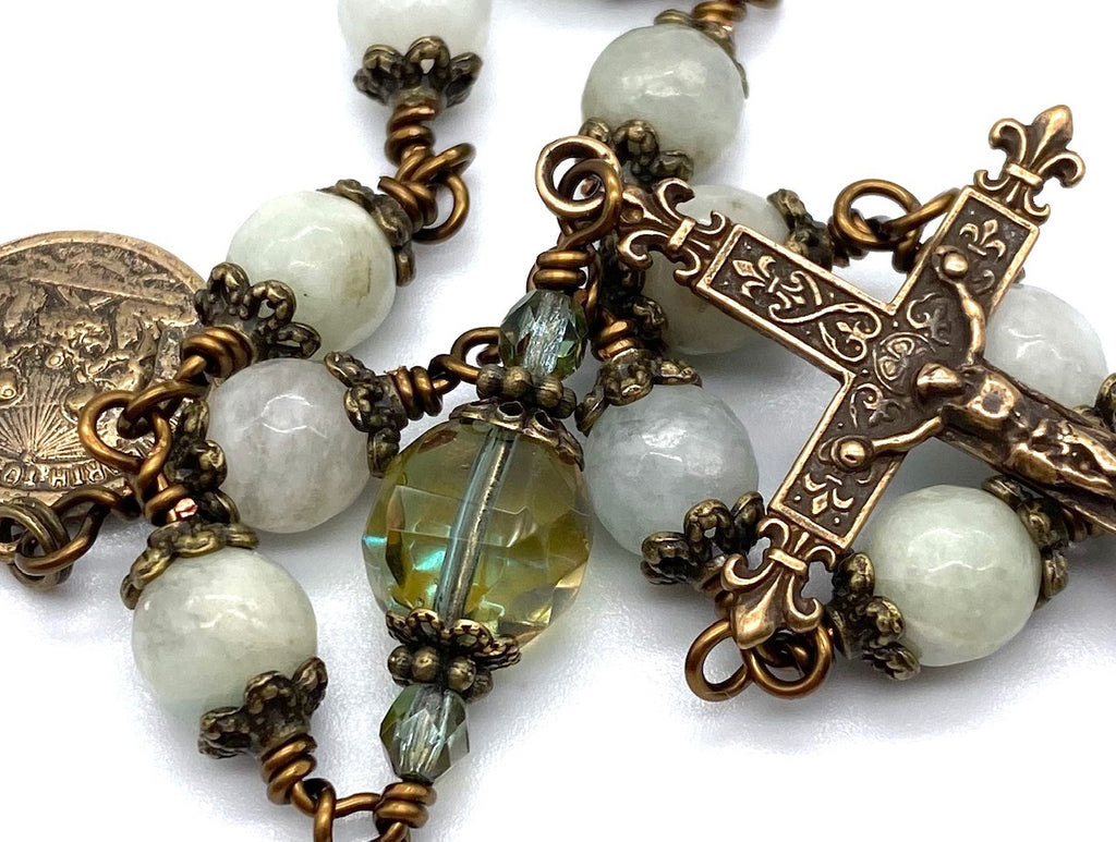 handcrafted vintage inspired blue aquamarine gemstone wire wrapped catholic heirloom tenner rosary