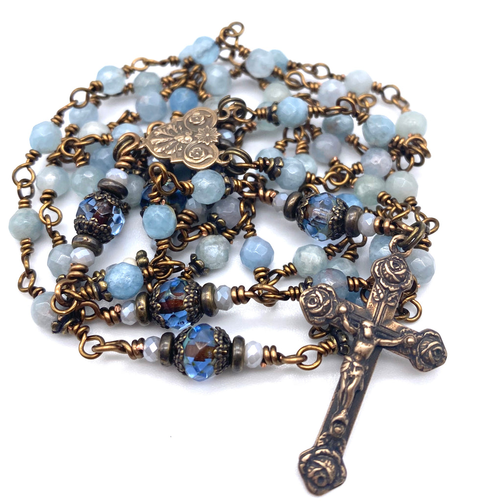 handcrafted vintage inspired blue aquamarine faceted gemstone wire wrapped catholic heirloom rosary petite