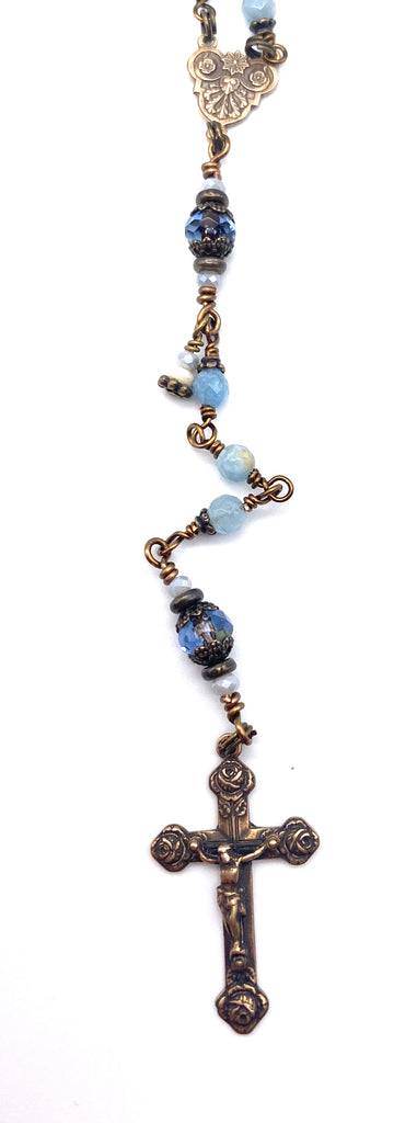 handcrafted vintage inspired blue aquamarine faceted gemstone wire wrapped catholic heirloom rosary petite