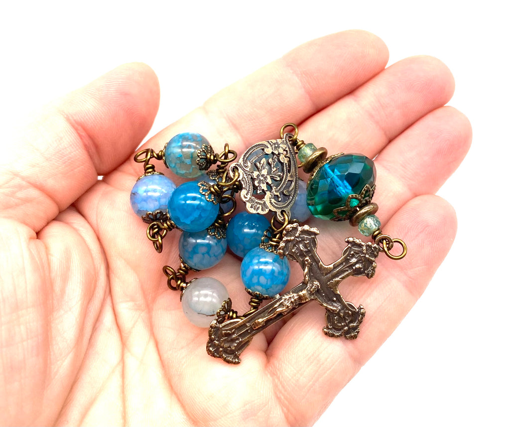 Blue Haze Fire Agate Gemstone BIG BEAD Catholic Heirloom Travel Rosary