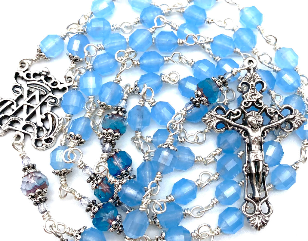 Silver Blue Jade Prism Gemstone Wire Wrapped Catholic Heirloom Rosary Large