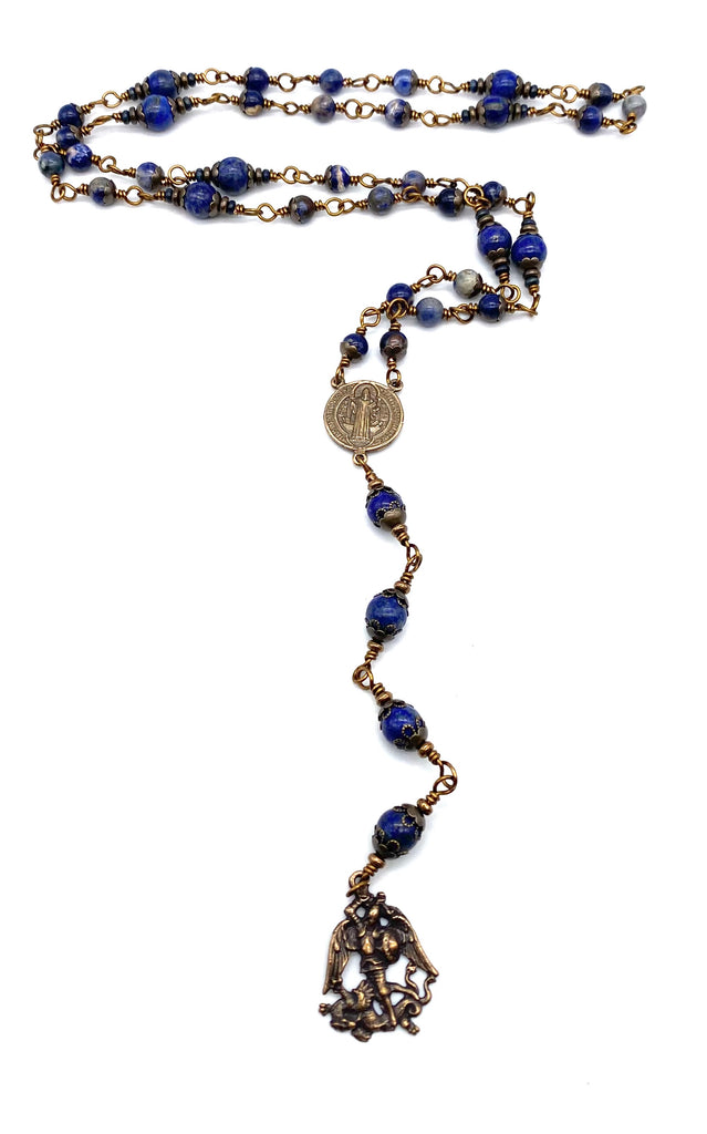 Blue Orange Sodalite Gemstone Wire Wrapped Catholic Heirloom Chaplet of Saint Michael Medium