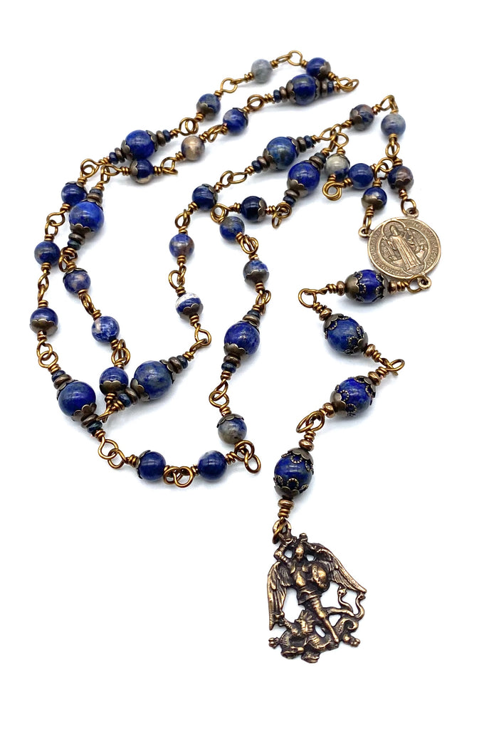 Blue Orange Sodalite Gemstone Wire Wrapped Catholic Heirloom Chaplet of Saint Michael Medium