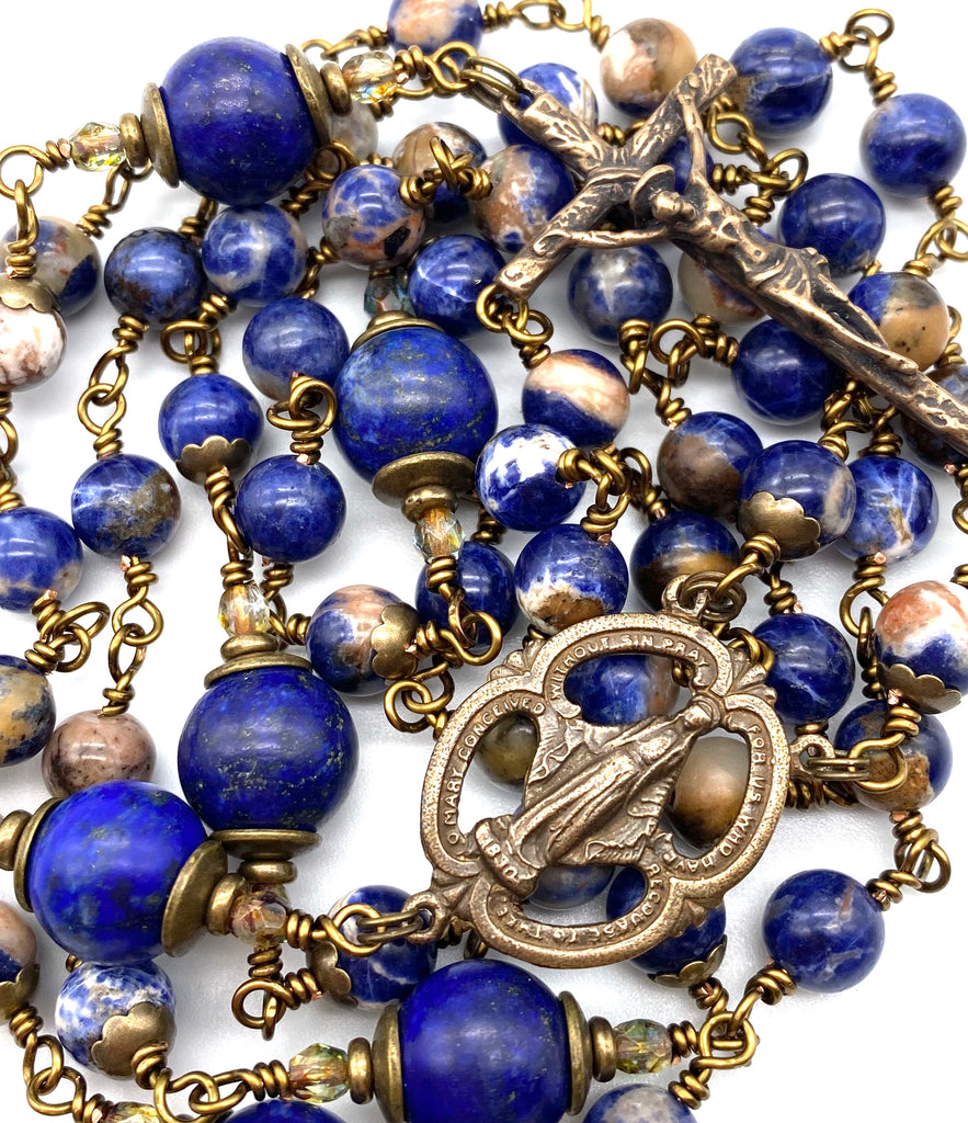 handcrafted vintage inspired blue orange sodalite gemstone wire wrapped catholic heirloom rosary large