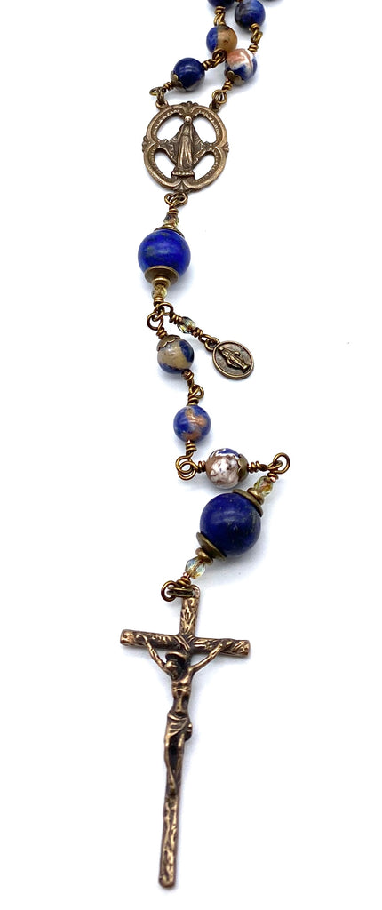 handcrafted vintage inspired blue orange sodalite gemstone wire wrapped catholic heirloom rosary large