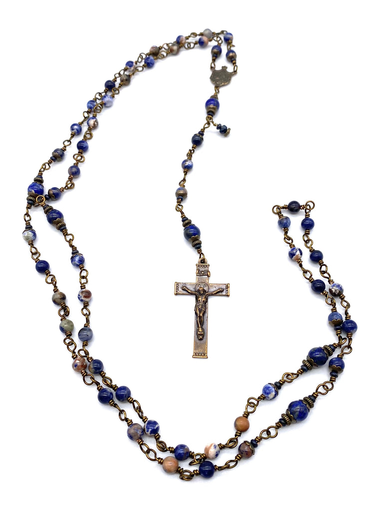 Blue Orange Sodalite Gemstone Wire Wrapped Catholic Heirloom Rosary Medium