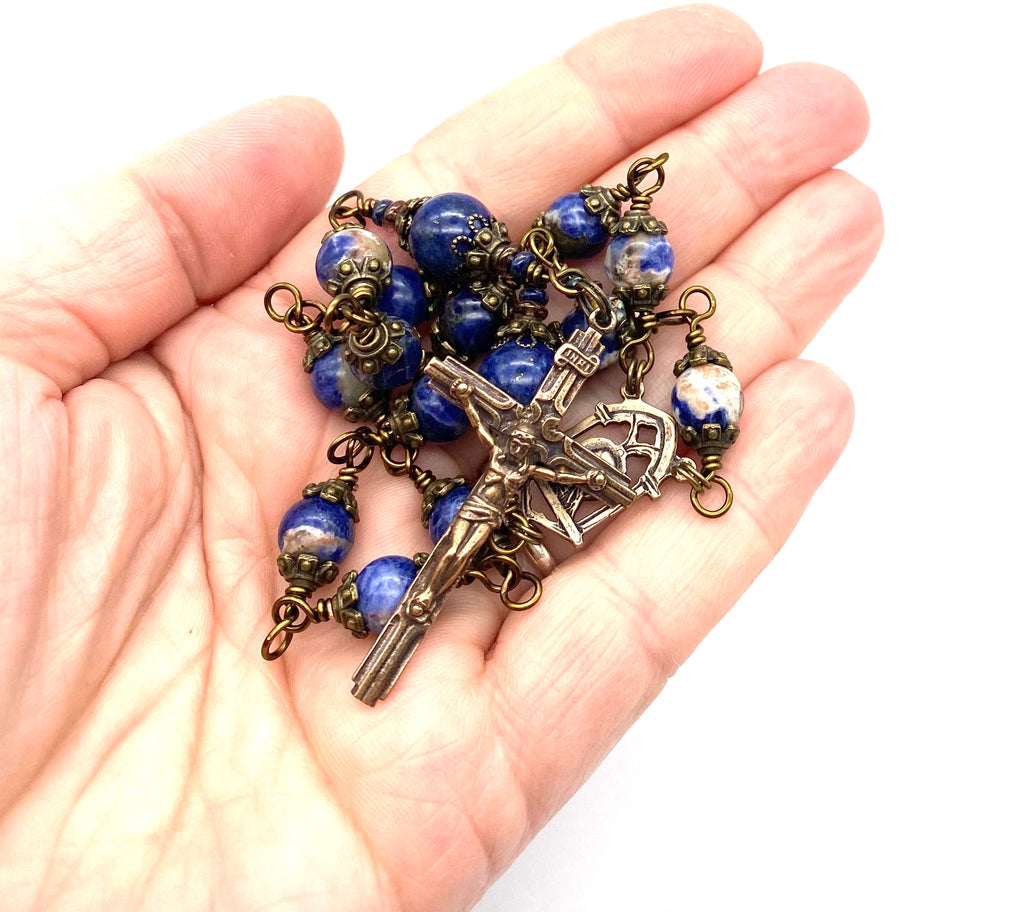 Blue Orange Sodalite Gemstone Wire Wrapped Catholic Heirloom Travel Rosary