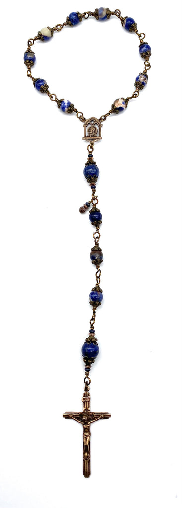 Blue Orange Sodalite Gemstone Wire Wrapped Catholic Heirloom Travel Rosary